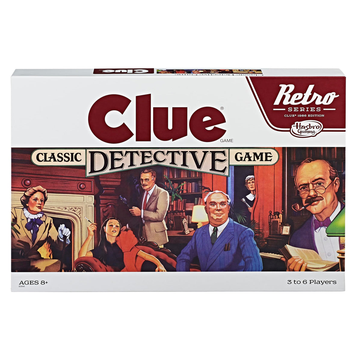 Hasbro Gaming Clue 1986 edition box front, ideal for nostalgic family game nights.