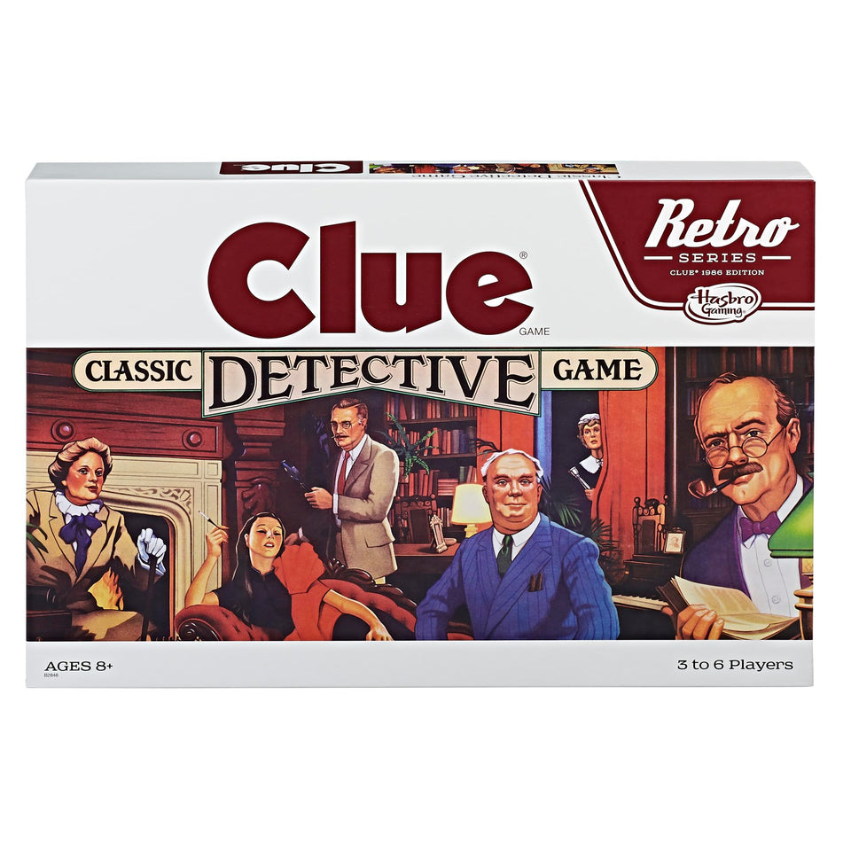 Hasbro Gaming Clue 1986 edition box front, ideal for nostalgic family game nights.