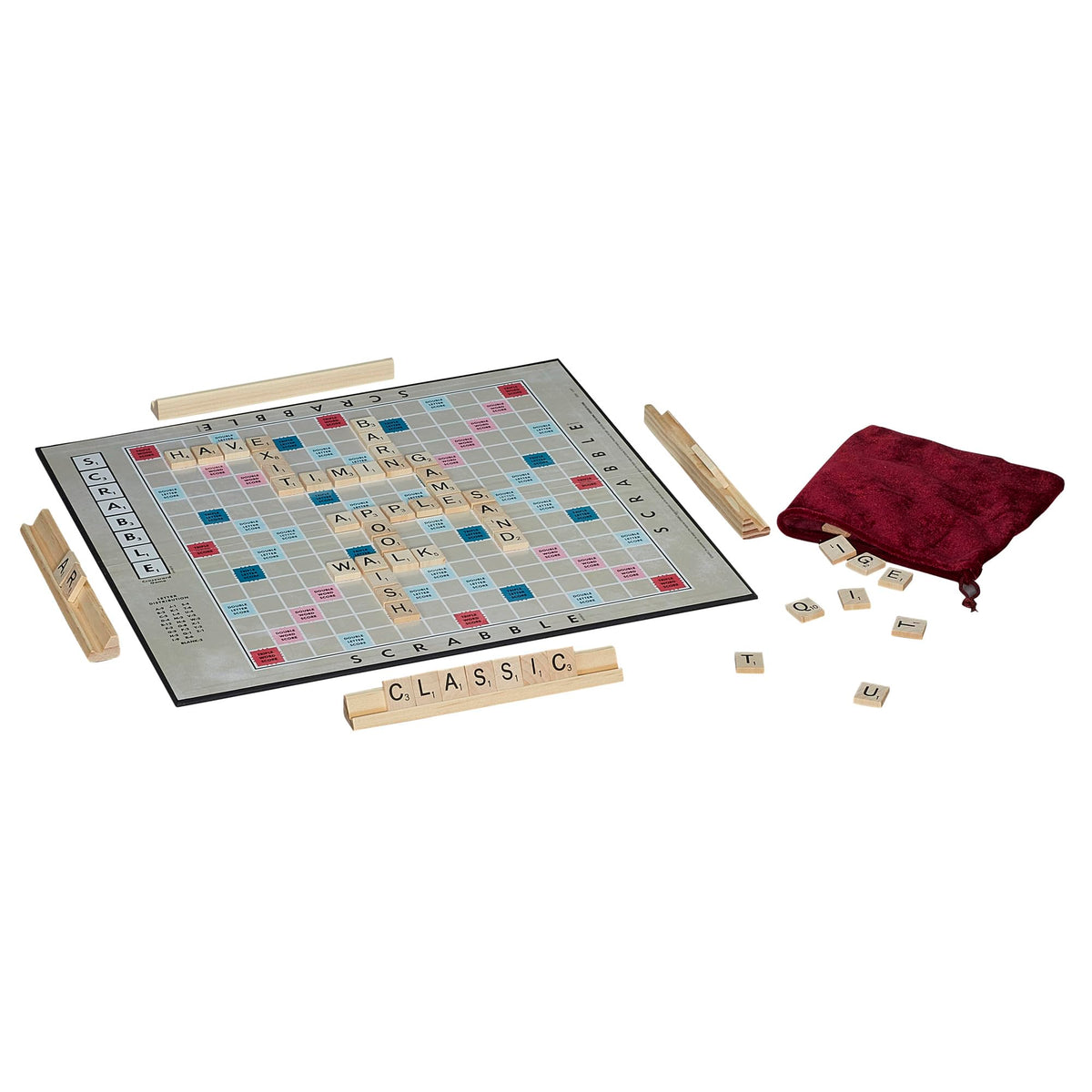 Hasbro Gaming Scrabble 1949 edition velvet pouch keeps tiles secure between rounds