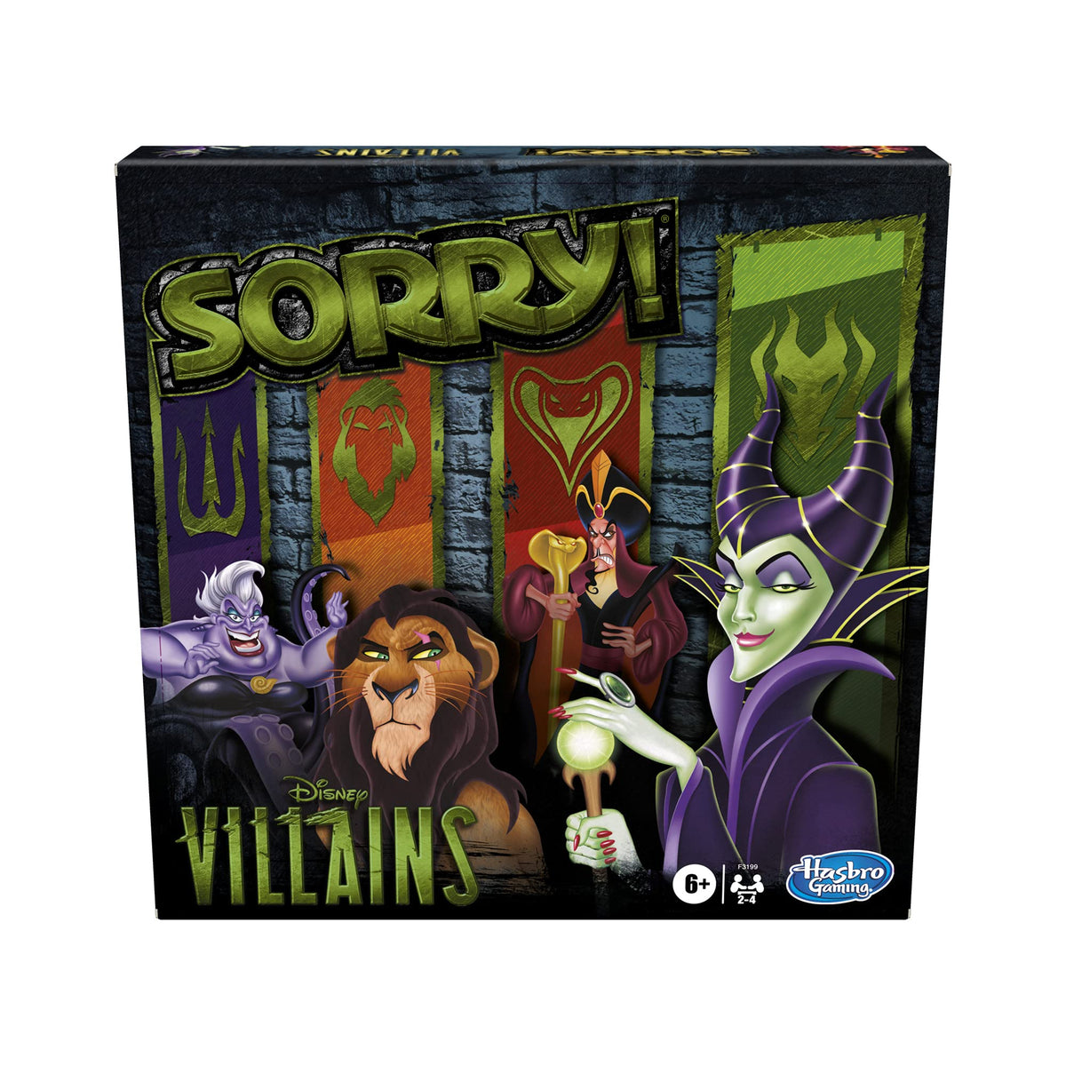 Hasbro Gaming Sorry! Disney Villains Edition box front for family play.