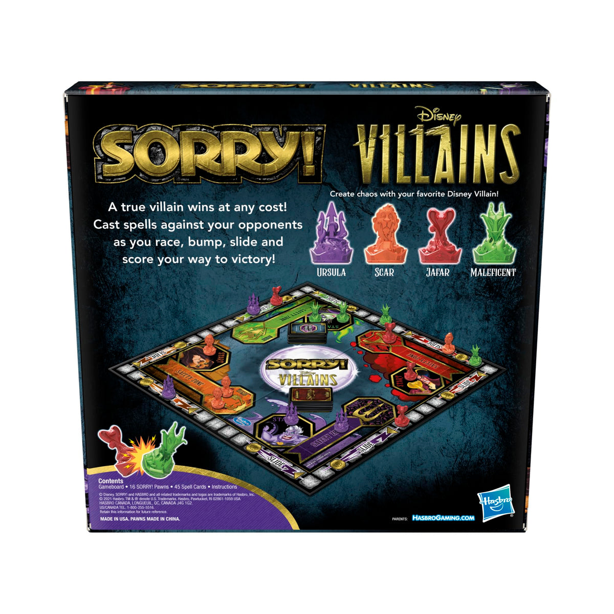 Disney villain pawns Ursula, Jafar, Scar on Hasbro Sorry edition.