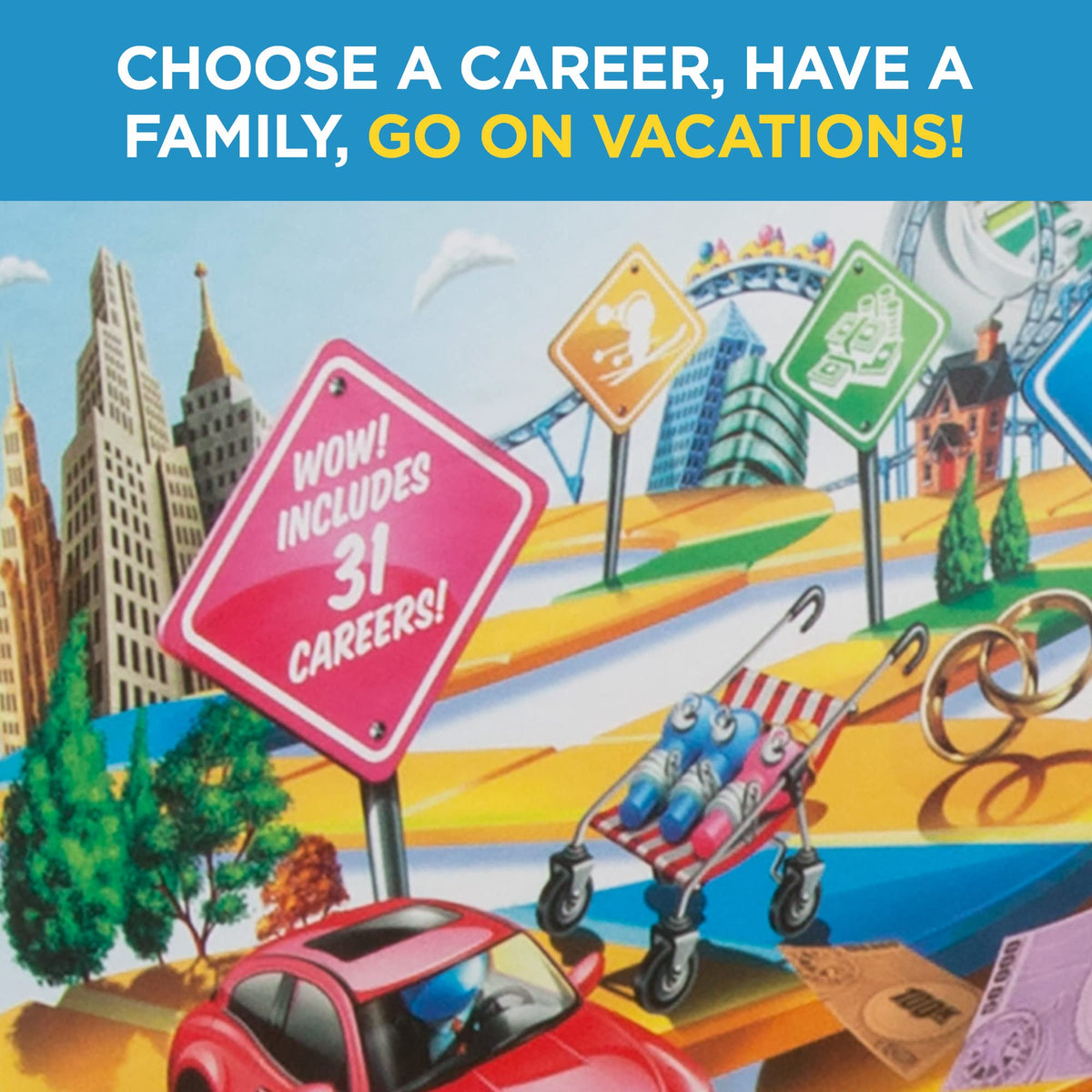 Hasbro The Game of Life vacations space featuring ski trips and tropical adventures