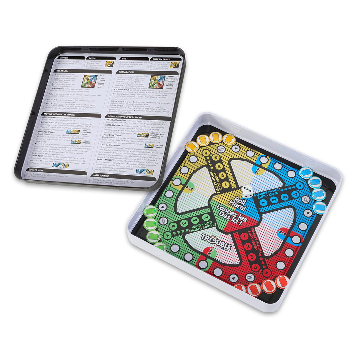 Hasbro Gaming travel tin with secure storage closed for easy packing.