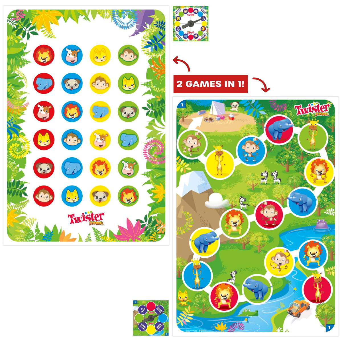 Hasbro Gaming Twister Junior reversible spinner for two game modes.