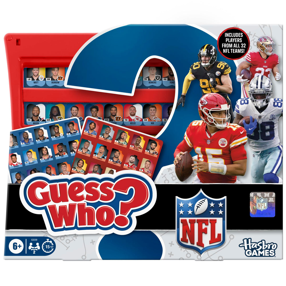 Hasbro Guess Who? NFL Edition box cover with authentic NFL branding for exciting play.