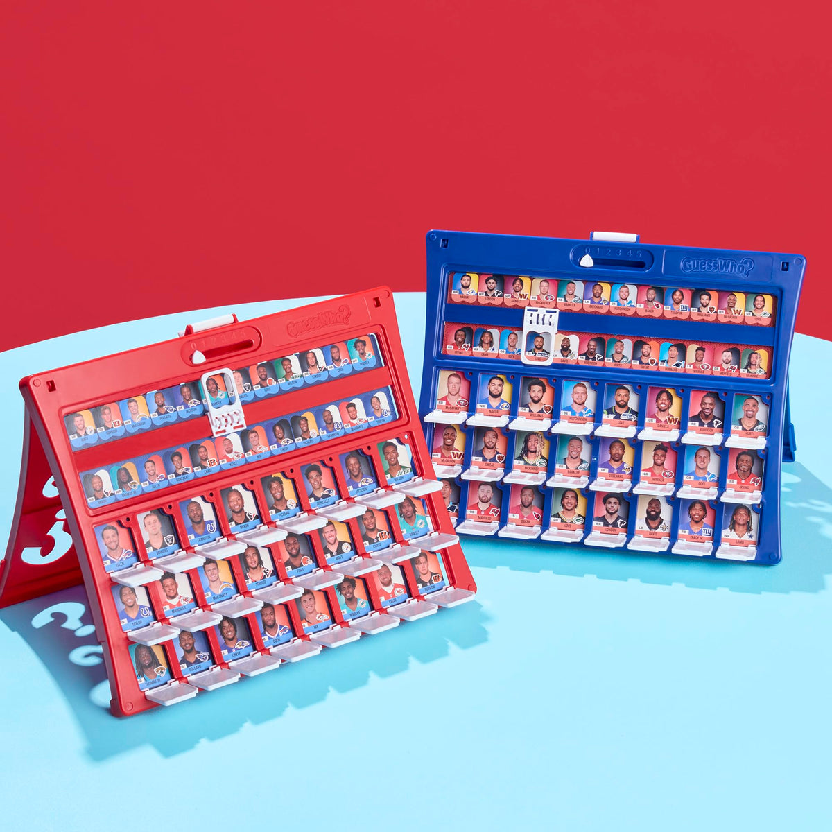 Hasbro Guess Who? NFL Edition character sheets showing AFC and NFC players.