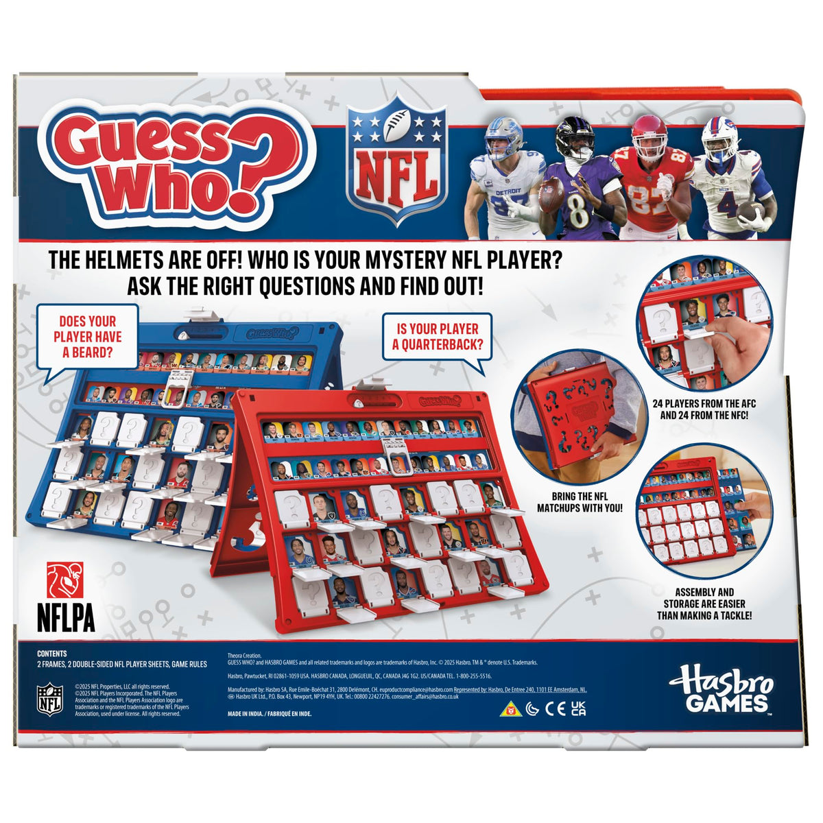 Hasbro Guess Who? NFL Edition game play area set for quick two-player rounds.