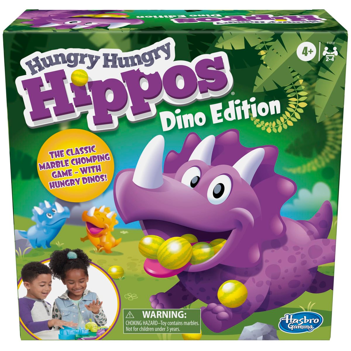 Hasbro Hungry Hungry Hippos Dino Edition: four dinos race to chomp marbles.