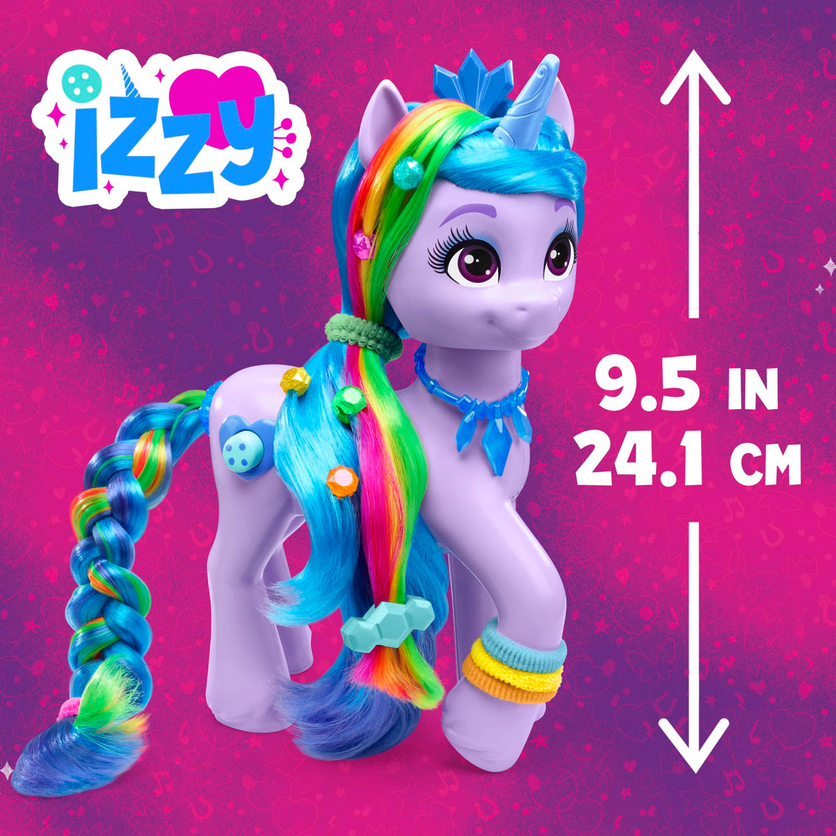 Hasbro Izzy Moonbow long soft mane and rainbow colors offer versatile styling options
