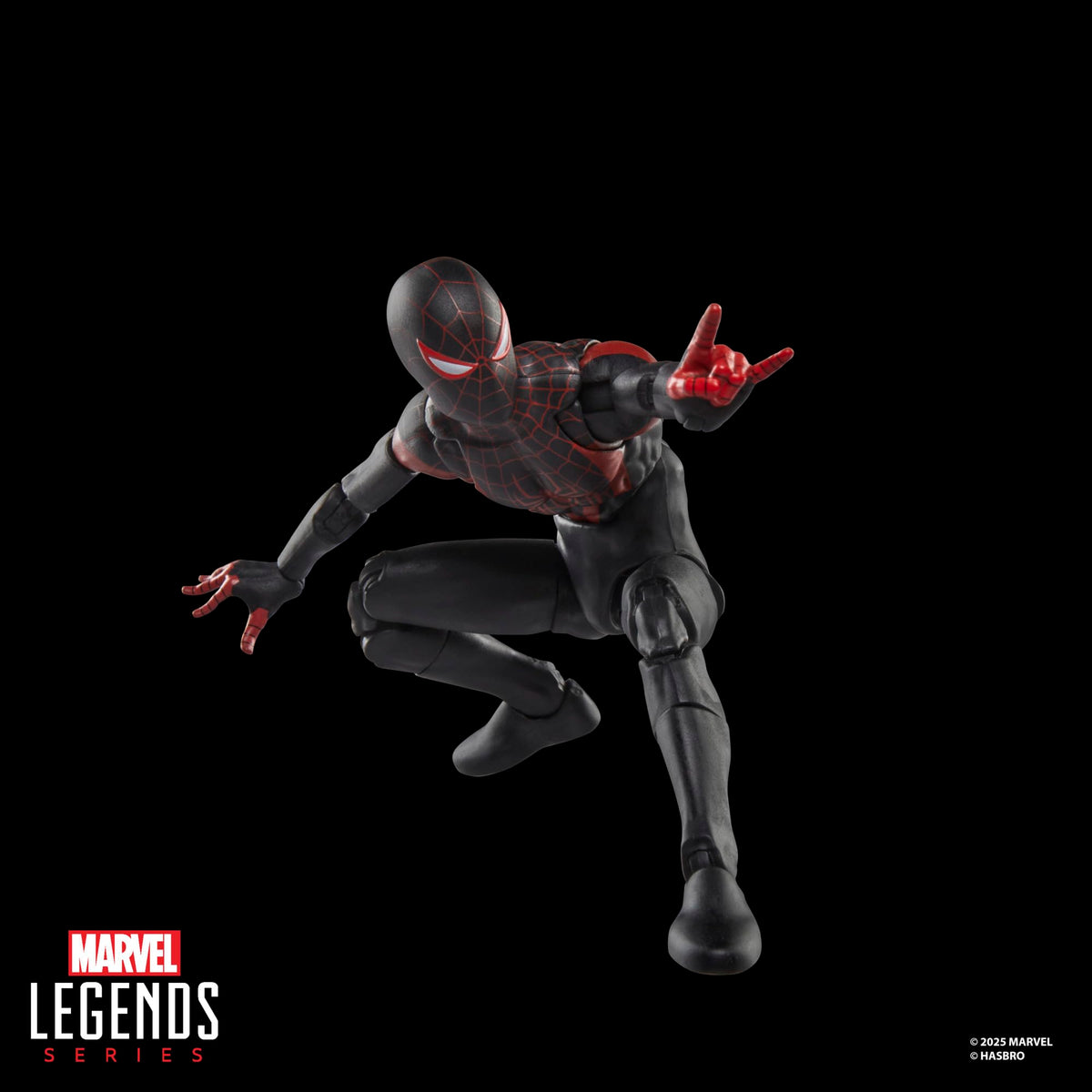 Shelf display with the Marvel Legends Miles Morales set on a stand