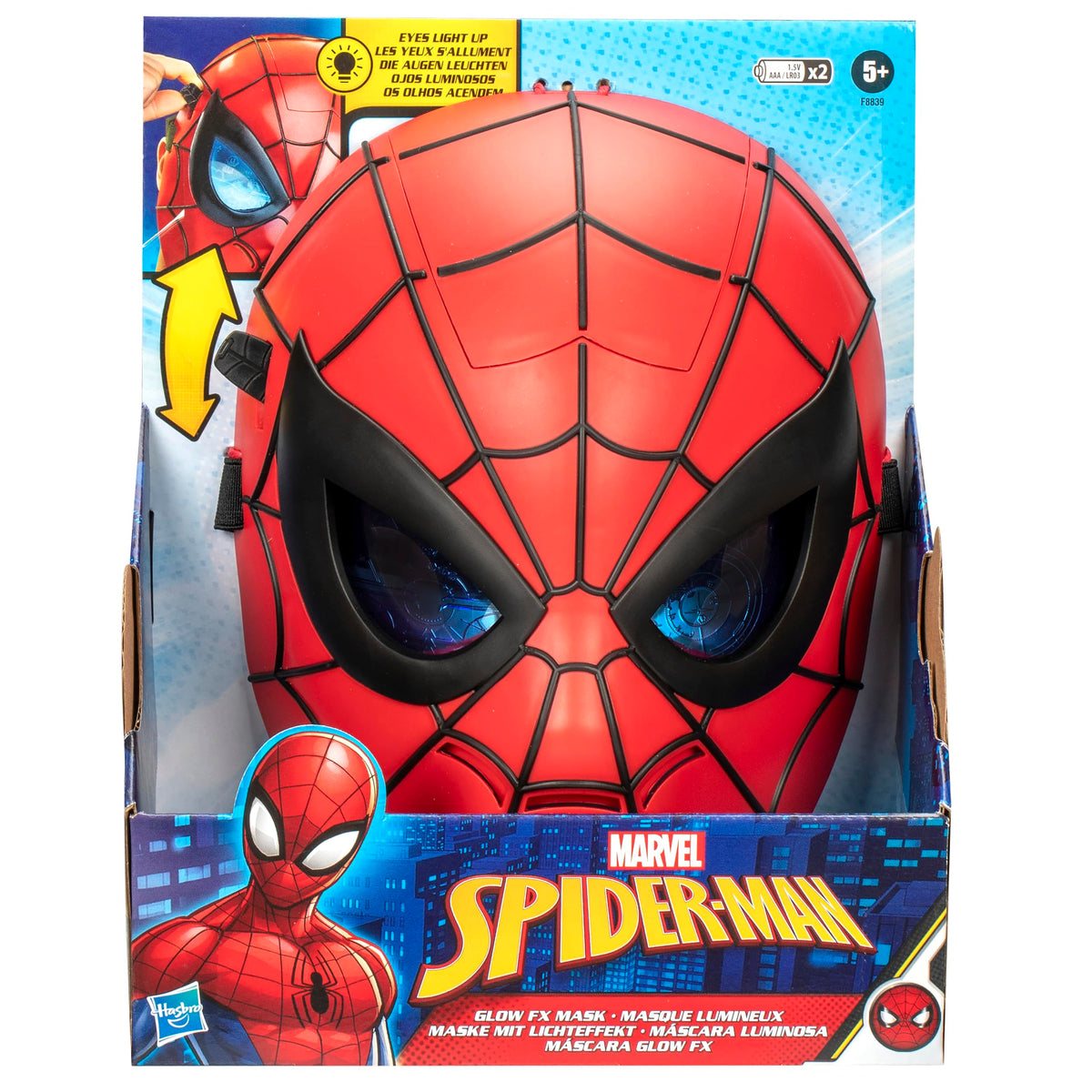 Hasbro Marvel Spider-Man Glow FX Mask eye lenses illuminate for dramatic costume action.