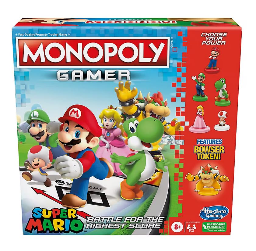 Hasbro Monopoly Gamer Super Mario board with character tokens for family play.