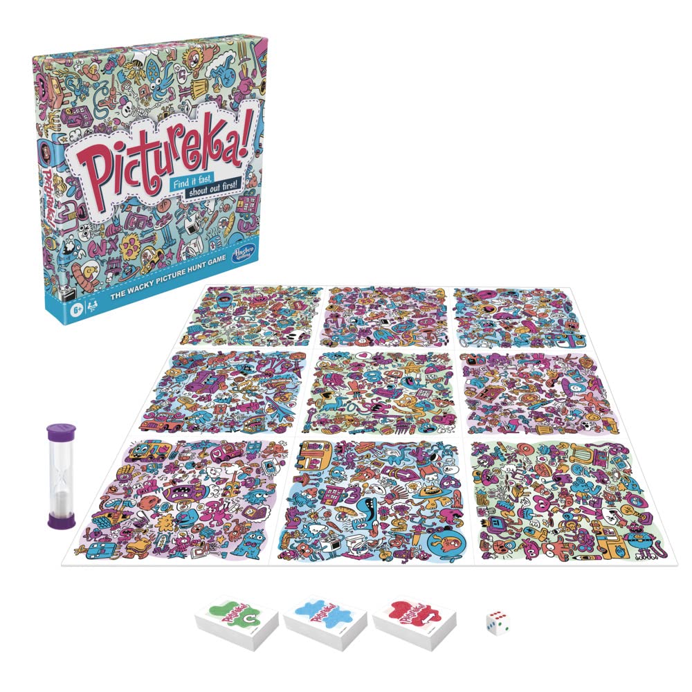 Hasbro Pictureka! tiles on a table for fast family visual search.