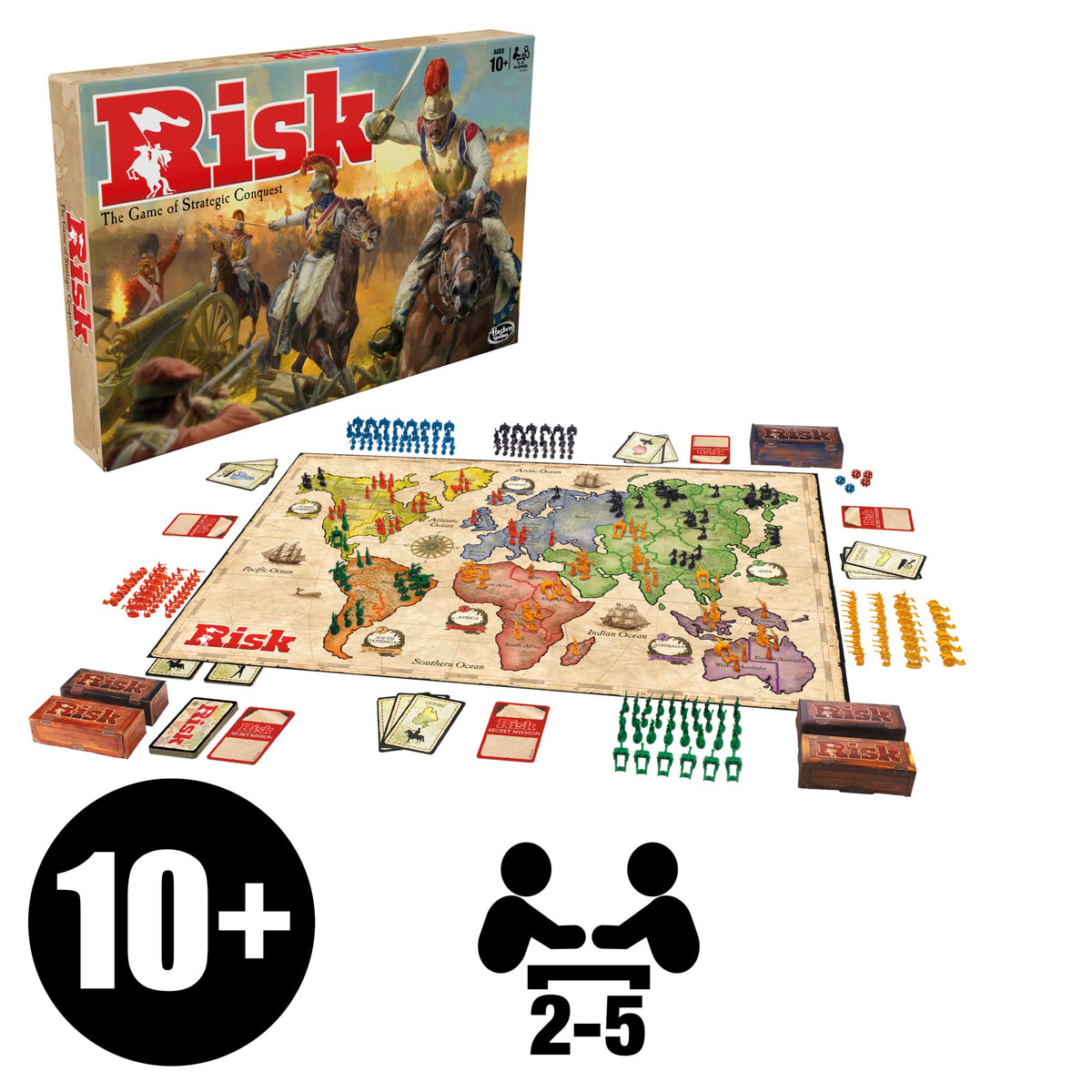 Hasbro Risk board game dice and cards highlight decision making.