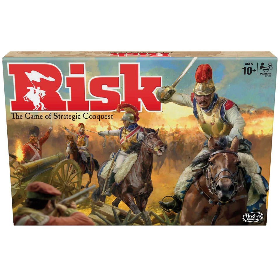 Hasbro Risk board game gameboard and armies set up for strategic play.