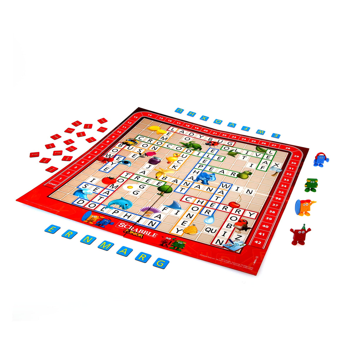 Hasbro Scrabble Junior adorable character tokens for engaging scorekeeping.