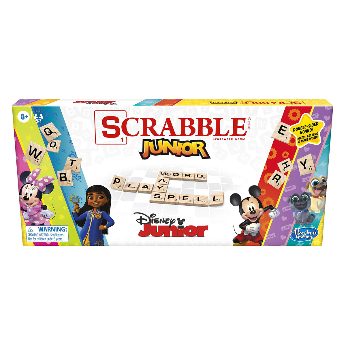 Hasbro Scrabble Junior Disney characters board with Mickey and friends enables kid-friendly word matching.