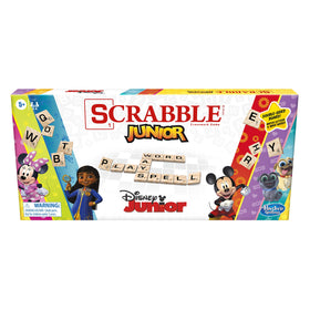 Hasbro Scrabble Junior Disney characters board with Mickey and friends enables kid-friendly word matching.