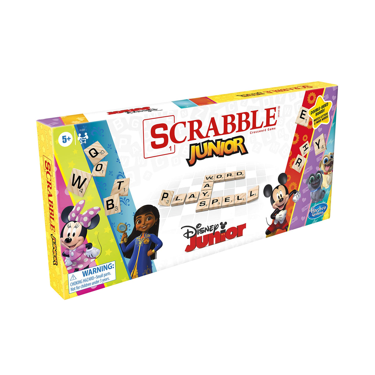 Hasbro Scrabble Junior kids enjoying a word-matching game with family.
