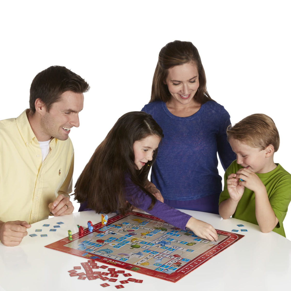 Hasbro Scrabble Junior two-sided board offers growing challenges for players.