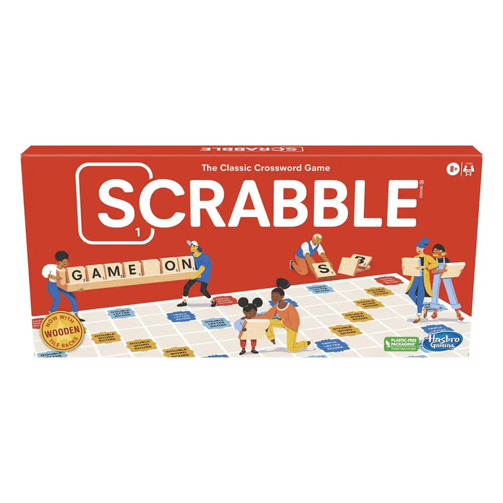 Hasbro Scrabble wooden tiles in action for word-building at family game night.