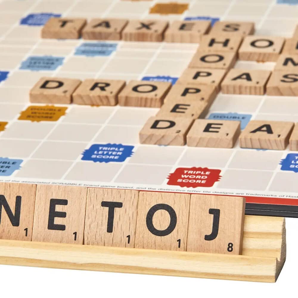 Hasbro Scrabble word-building tiles arranged for strategic play sessions.