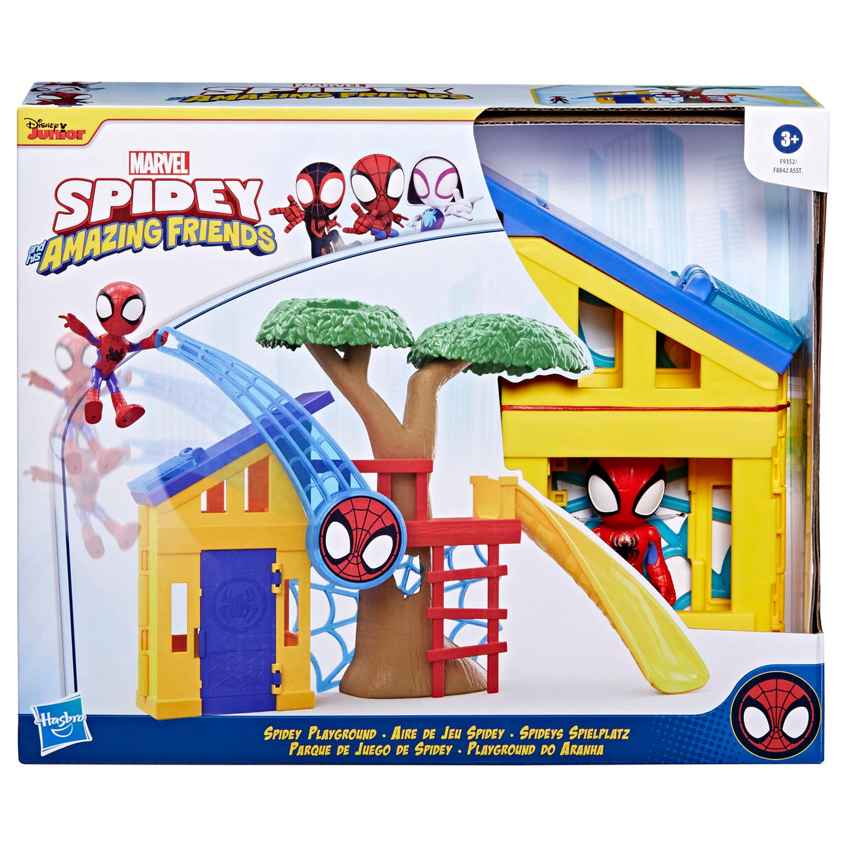 Hasbro Spidey Playground Playset side view highlights portable design for on the go play.
