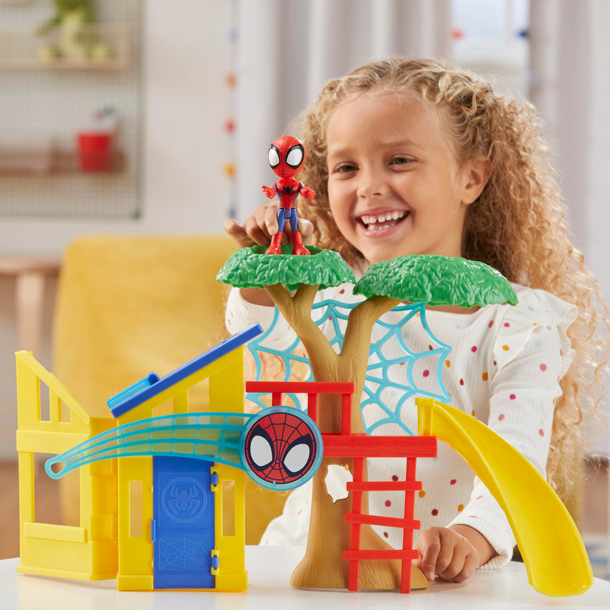 Hasbro Spidey Playground Playset tree platforms support elevated hero adventures.