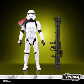 Display-ready Hasbro Vintage Collection Rocket Launcher Trooper on a shelf