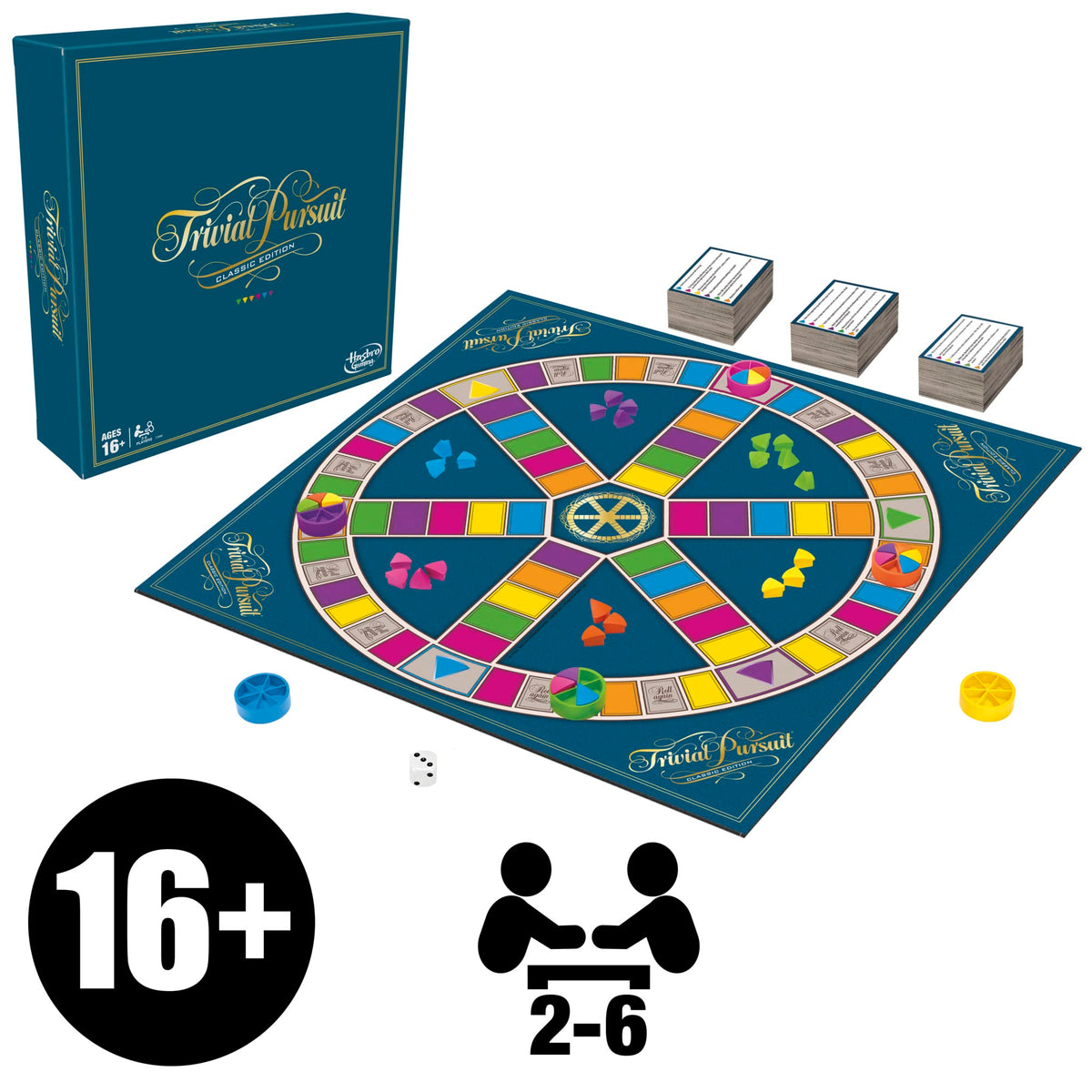 Hasbro Trivial Pursuit suitable for ages 16 and up for teens and adults.