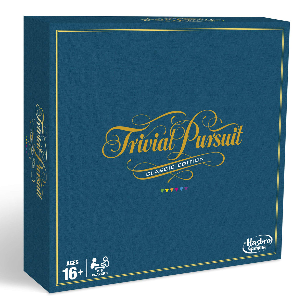 Hasbro Trivial Pursuit game setup shown for 2–6 players.