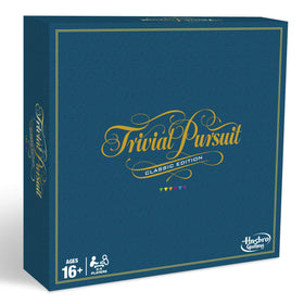 Hasbro Trivial Pursuit game setup shown for 2–6 players.