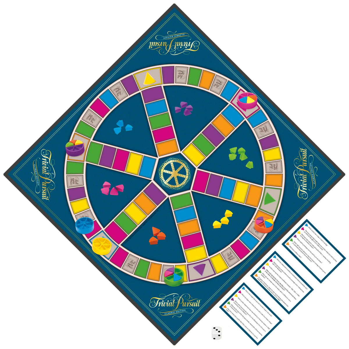 Hasbro Trivial Pursuit six category symbols highlight diverse trivia areas.