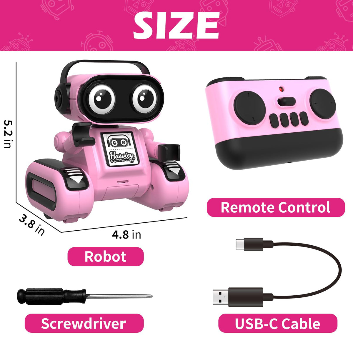 Hasviey pink accessories included: USB-C cable, screwdriver, manual.