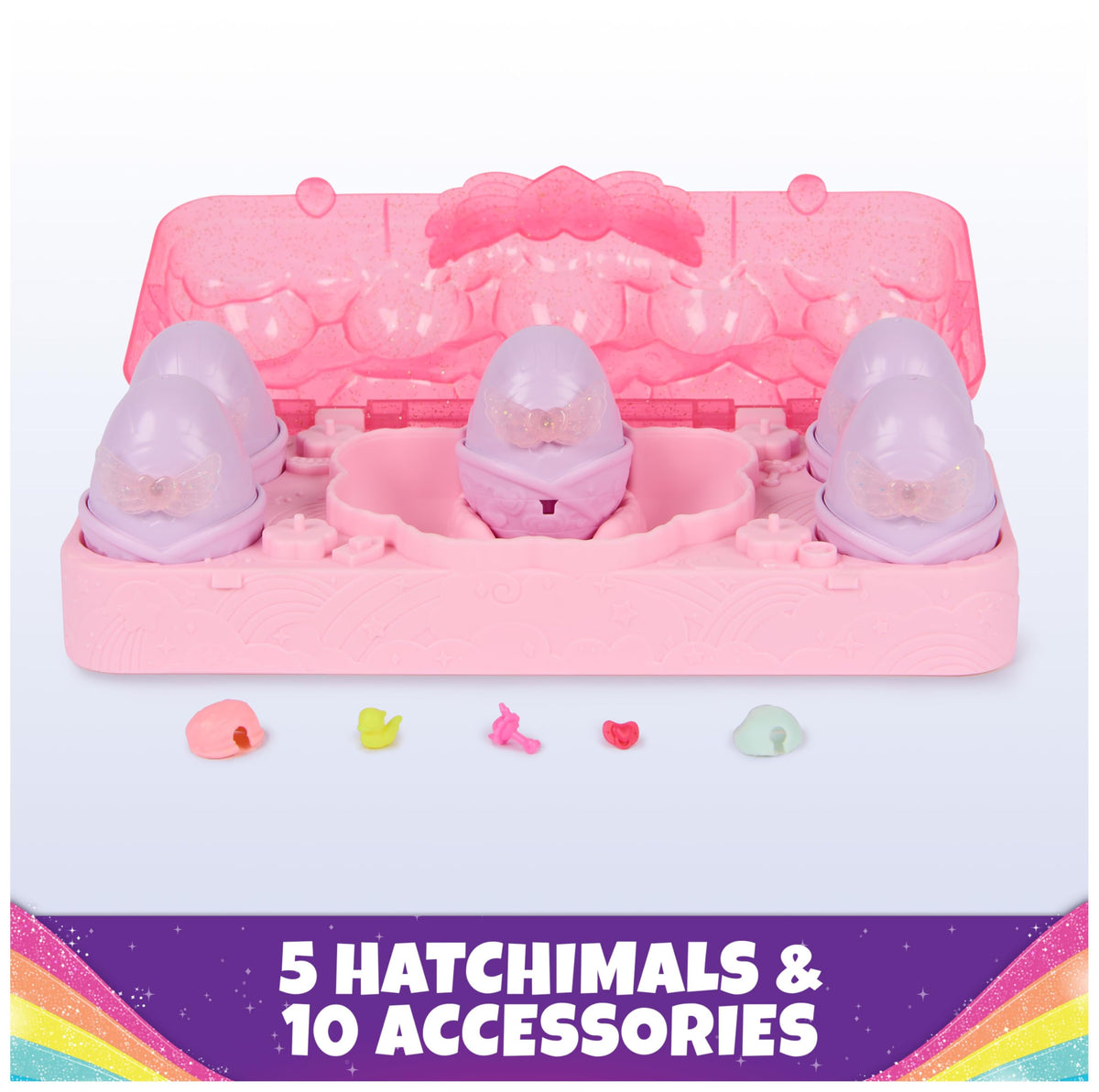 Hatchimals 5 Rainbow Splash characters with wings ready for adventures.