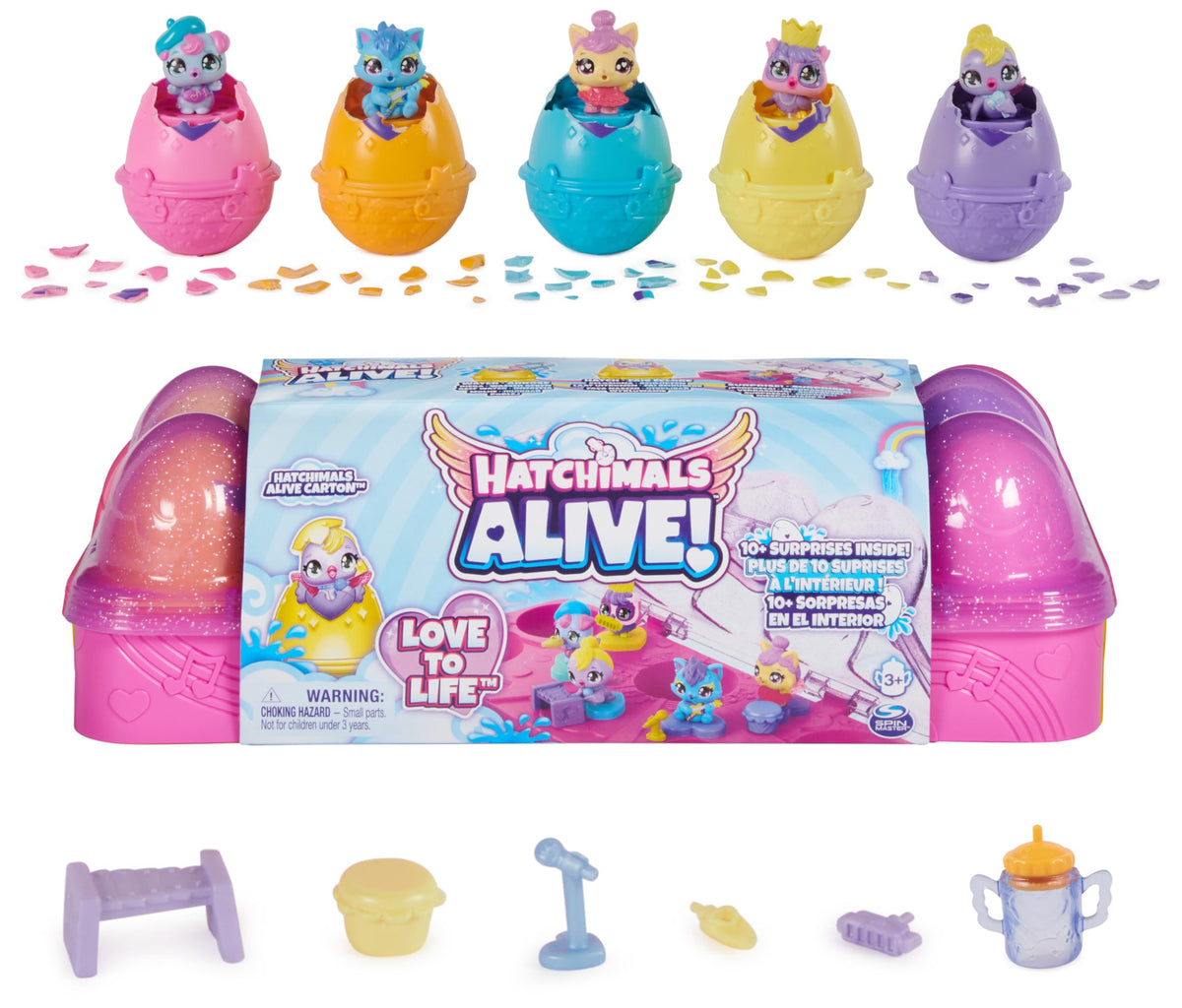 Hatchimals Alive carton opening eggs reveals five surprise characters for imaginative play.