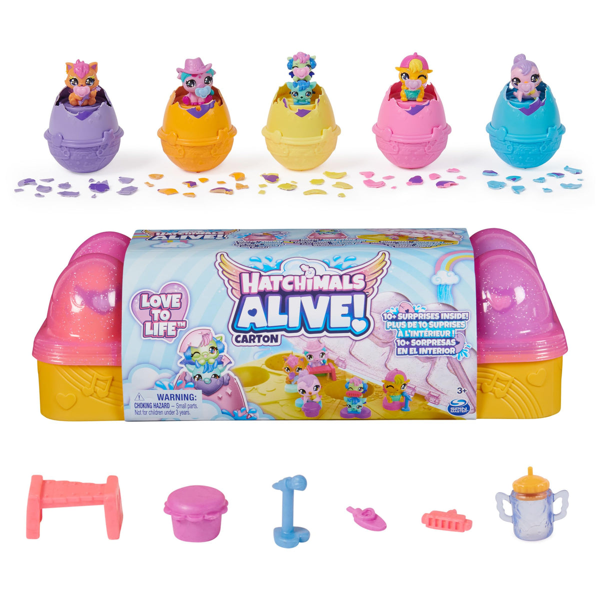 Hatchimals Alive pink and yellow egg carton opens to reveal six mini figures for imaginative play.