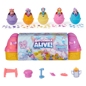 Hatchimals Alive pink and yellow egg carton opens to reveal six mini figures for imaginative play.