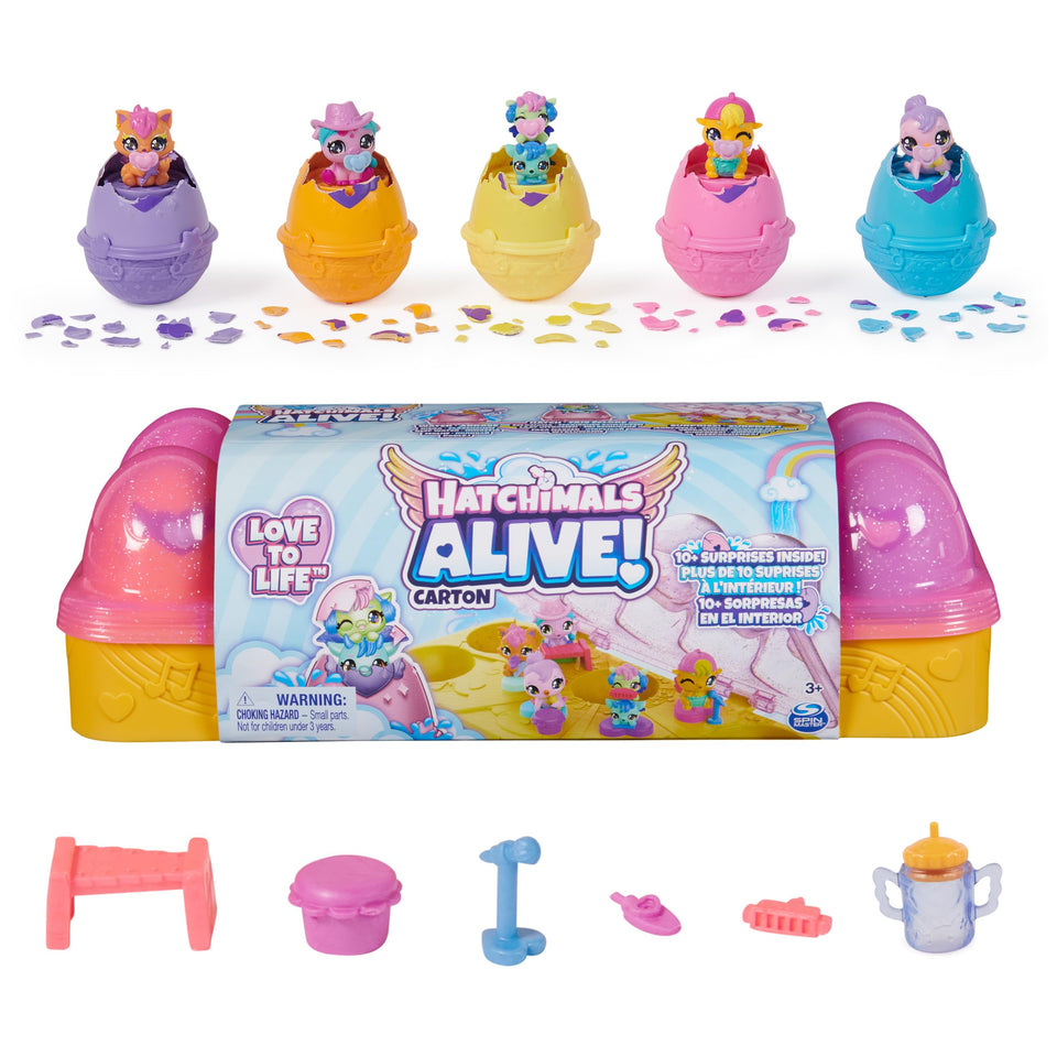 Hatchimals Alive pink and yellow egg carton opens to reveal six mini figures for imaginative play.