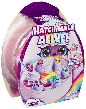 Hatchimals Alive Rainbow Hatchery includes nest, checklist, and care accessories for organized play.