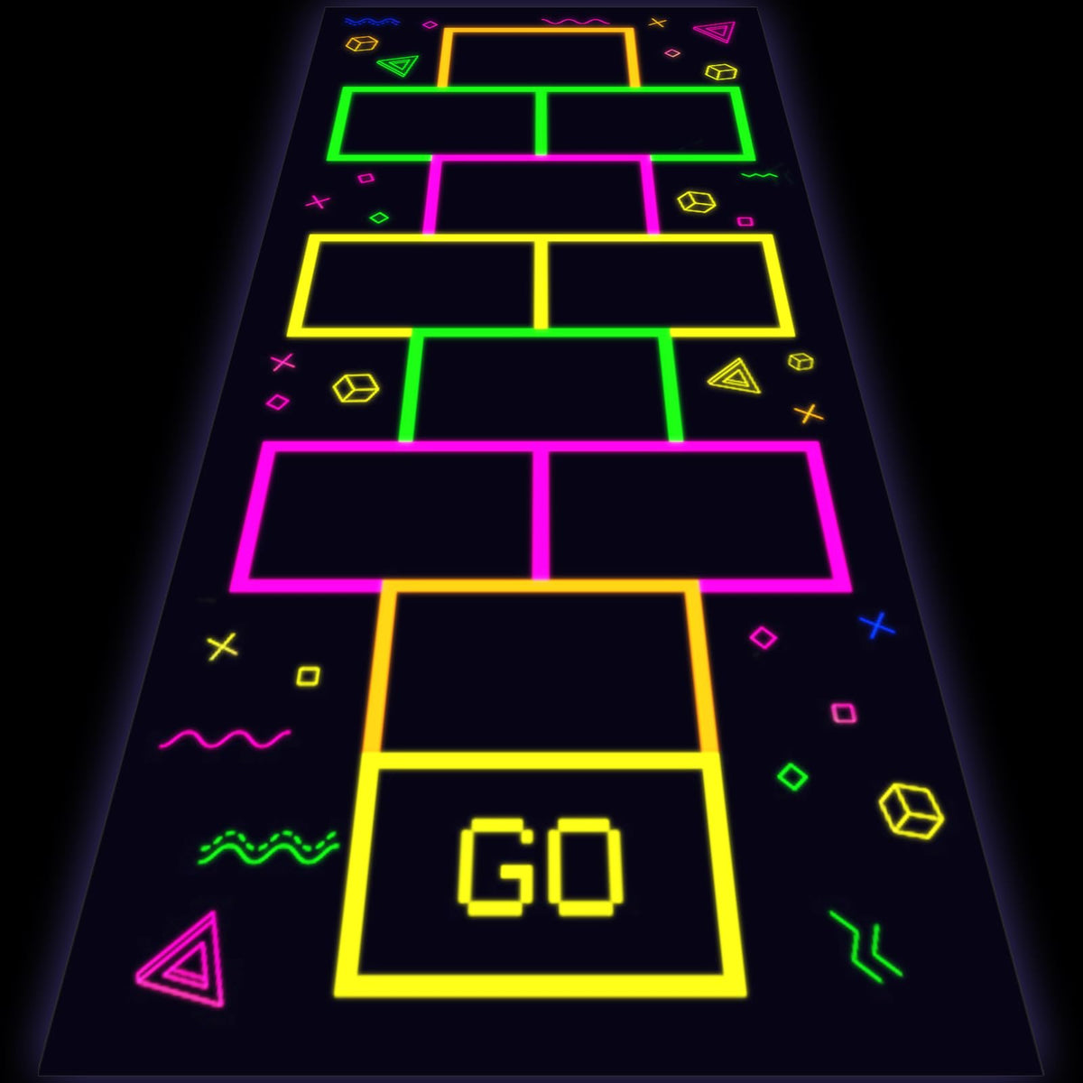 Haull glow floor rug under UV light creates a vibrant dance floor ambiance.