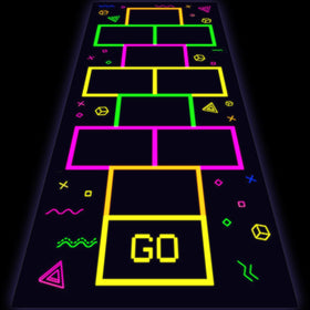 Haull glow floor rug under UV light creates a vibrant dance floor ambiance.