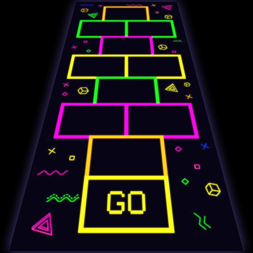 Haull glow floor rug under UV light creates a vibrant dance floor ambiance.