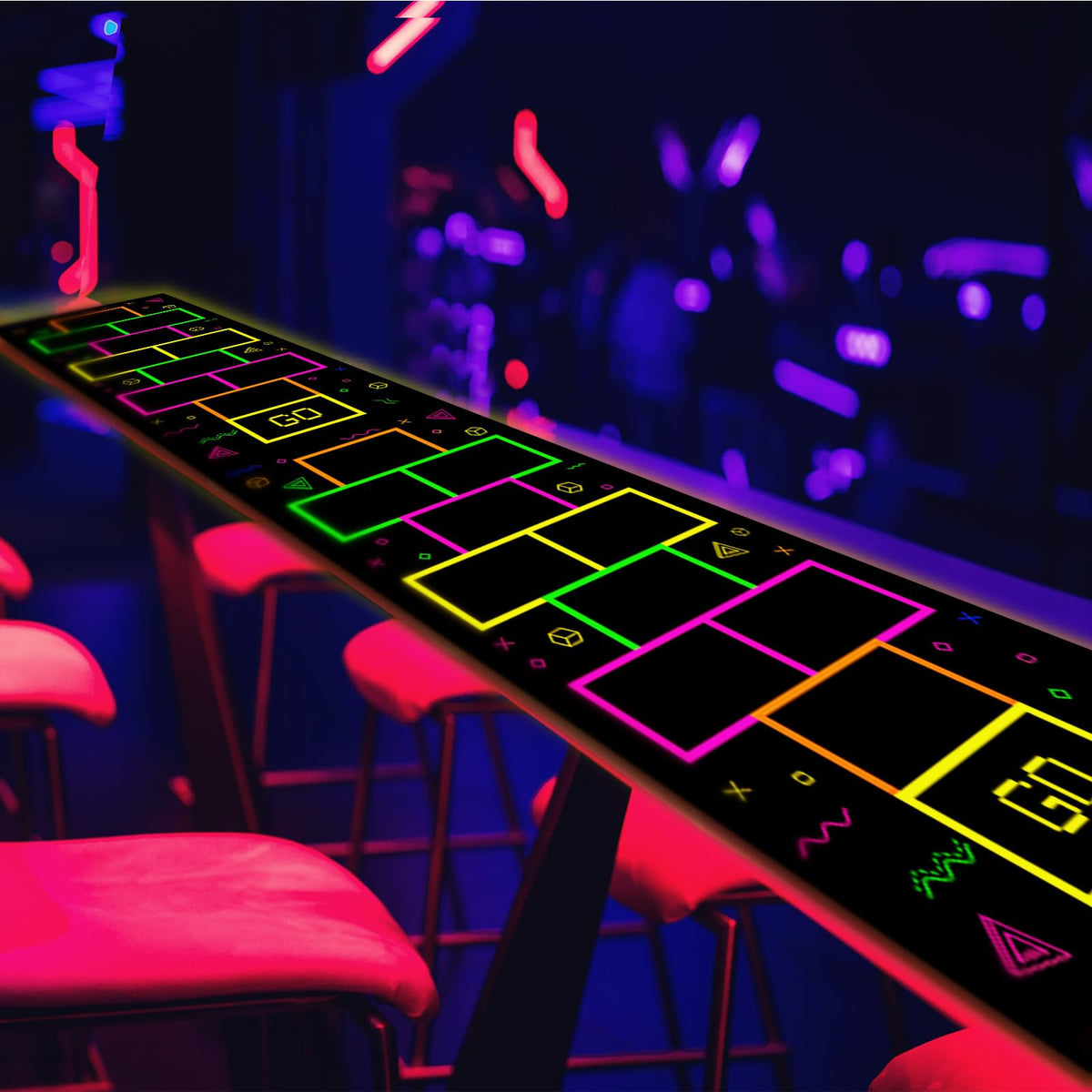 Haull neon party decor rug boosts ambience for celebrations.