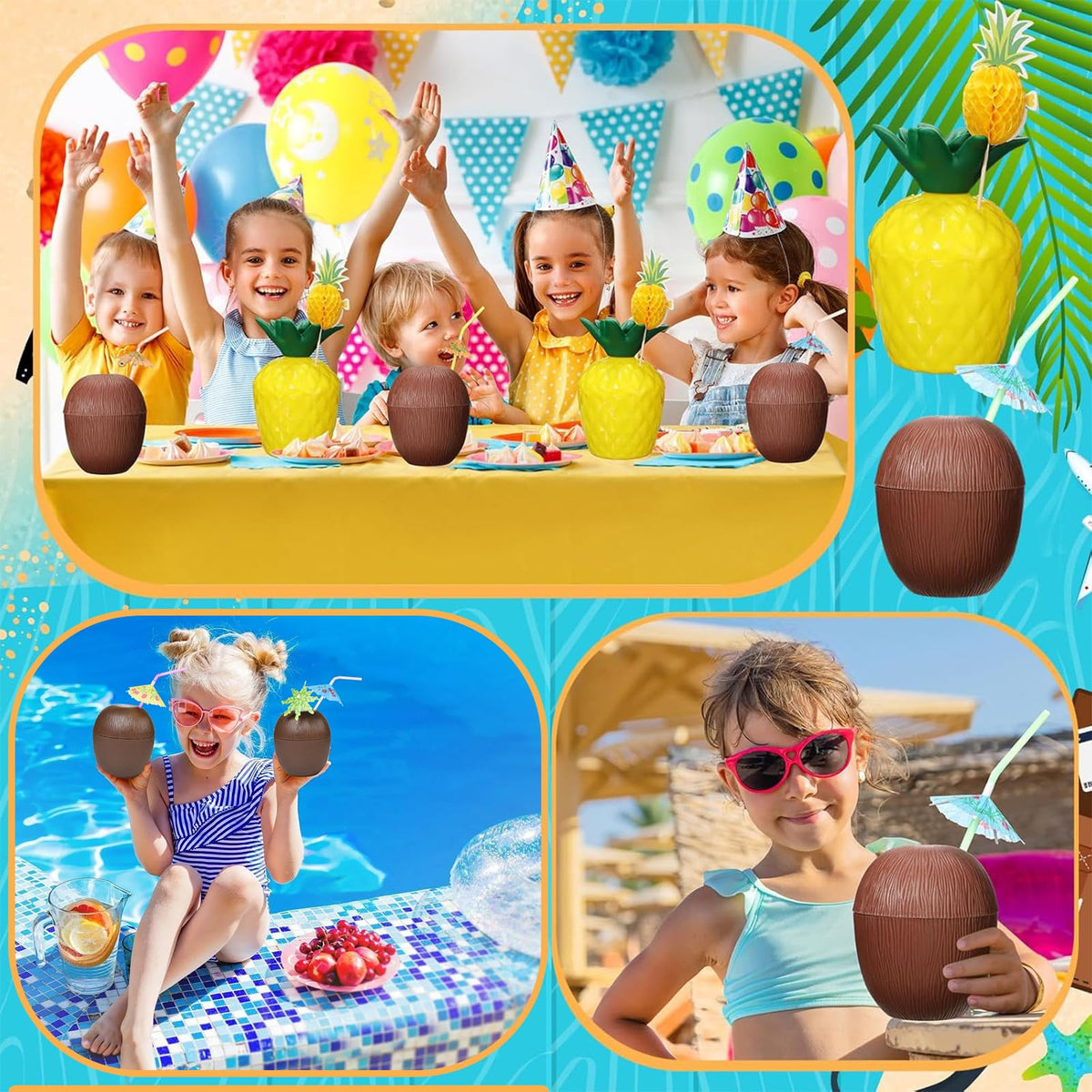 Haundry Hawaiian-themed decor enhances beach party ambiance.