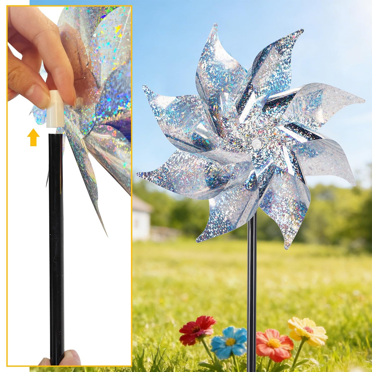 Hausse garden pinwheels enhance curb appeal with reflective flashes.