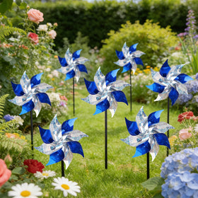 Hausse sparkling silver blue pinwheels catch sunlight for eye-catching garden decor.