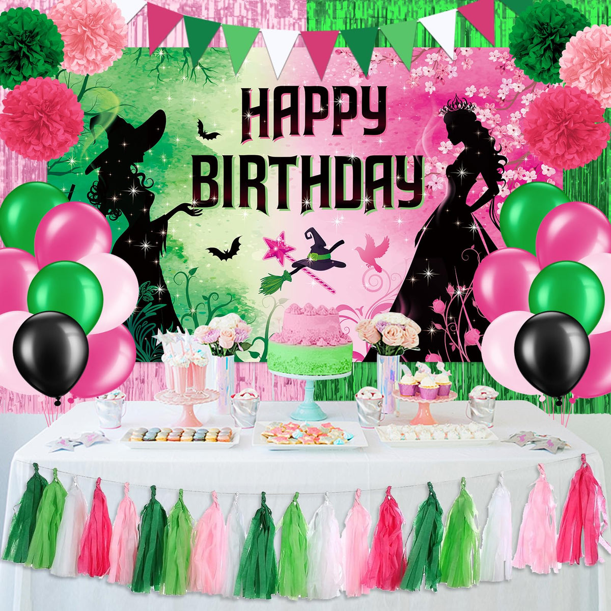 Hauwellter pink-green witch backdrop enhances photo booths with vibrant, party-ready drama.