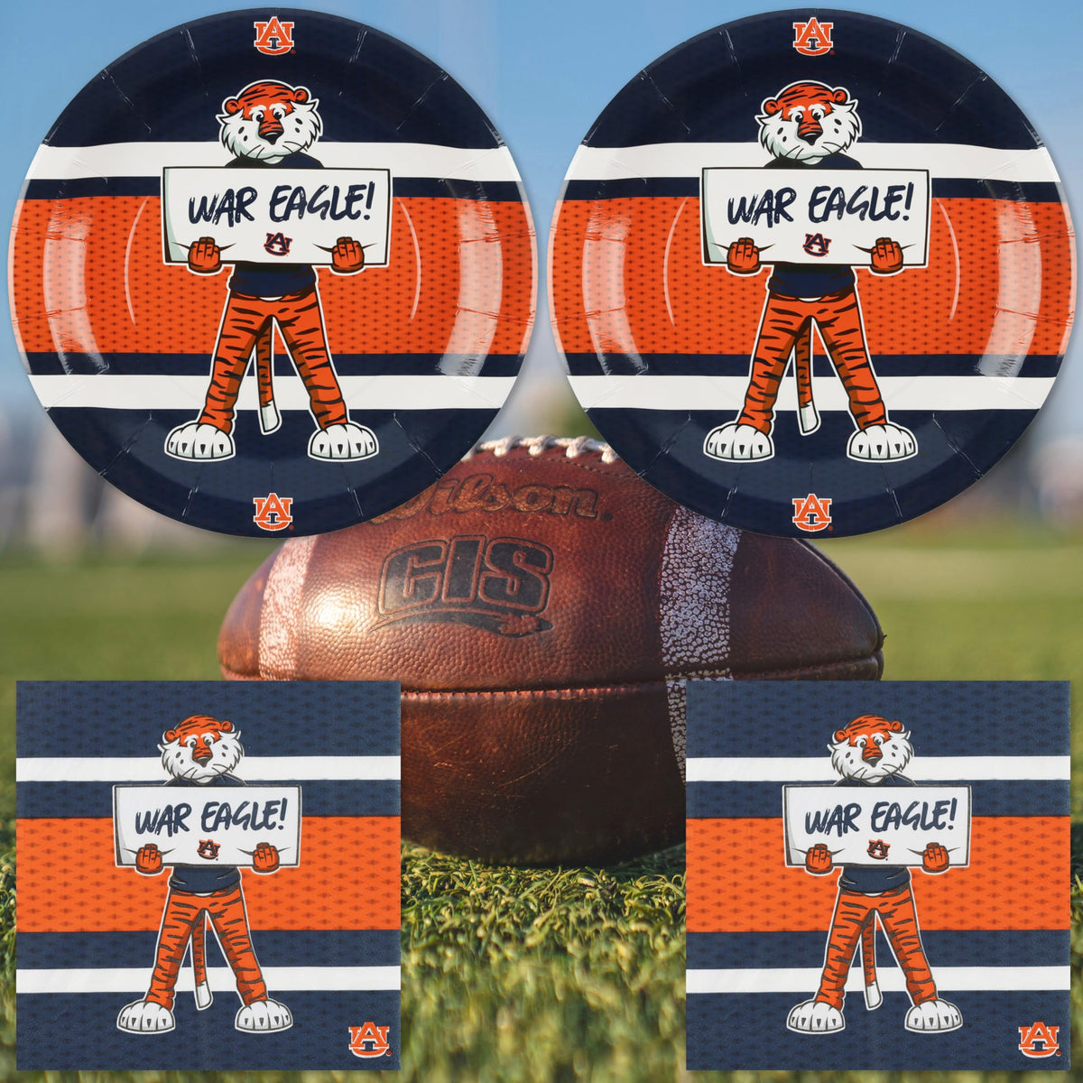 Auburn color palette on Havercamp tableware enhances game-day ambiance.