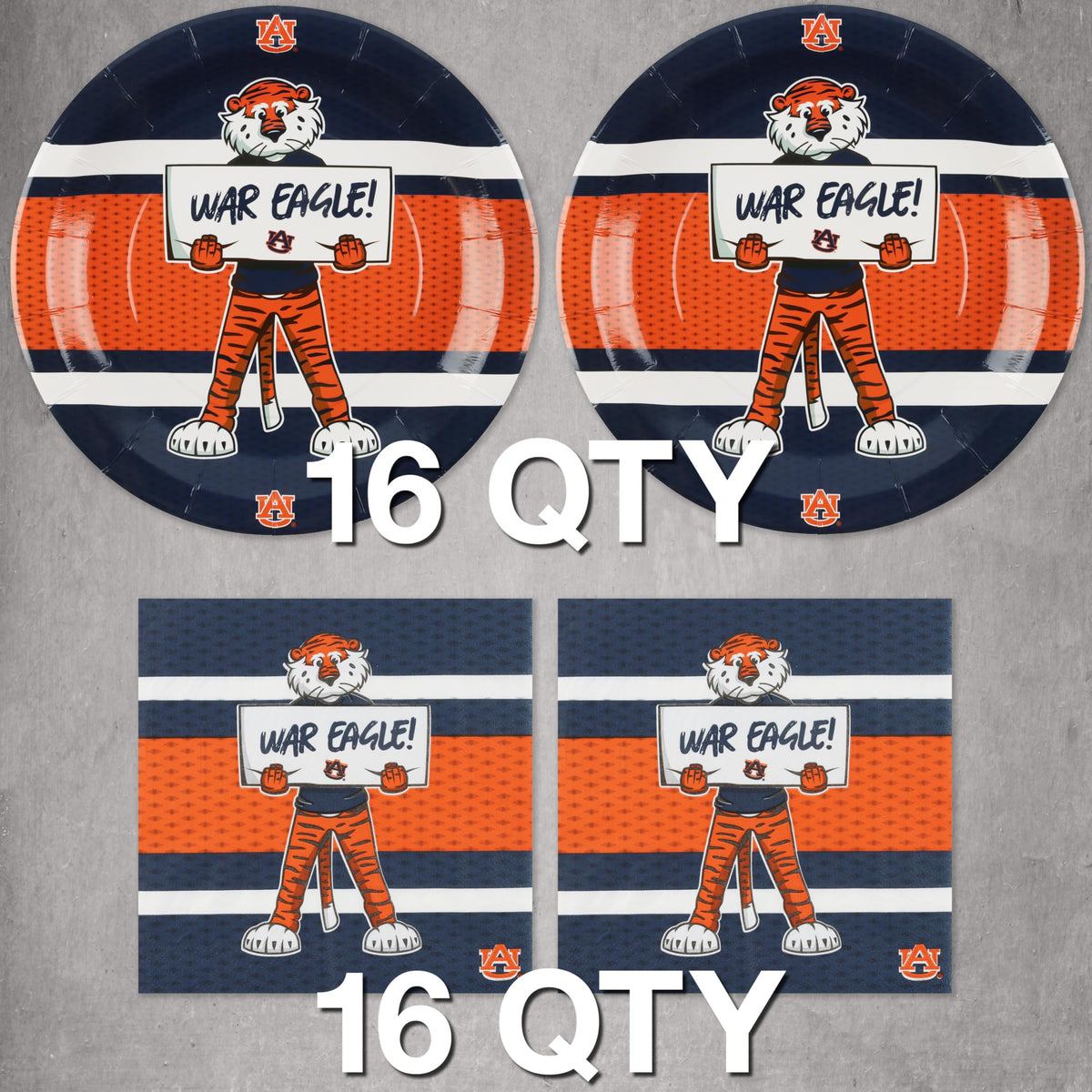 Havercamp Auburn napkins with Aubie, sturdy 3-ply for spill protection.